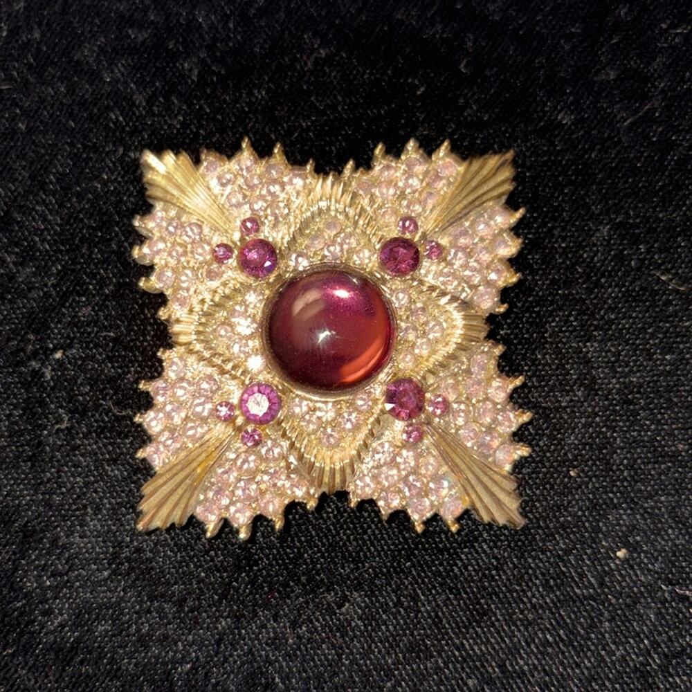 Vintage 90s Purple Rhinestone & Gold Brooch | 2" Square | Estate Find